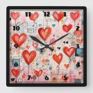 Horloge Carrée Red Hearts Whimsical Love Motif