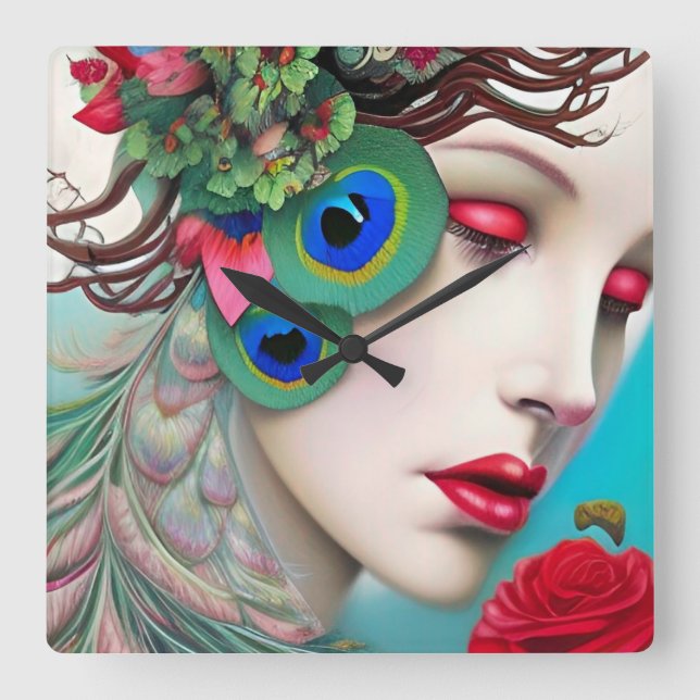 Horloge Carrée Red Lips et Rose Peacock Abstrait (Recto)