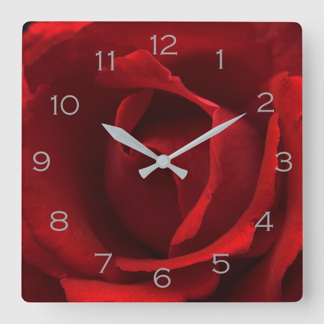 Horloge Carrée Red Rose Grey Numbers (Recto)
