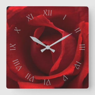 Horloge Carrée Red Rose Gris Script chiffres romains wccna