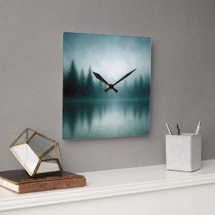 Horloge Carrée Reflet de pin brumeux dans l'eau du lac