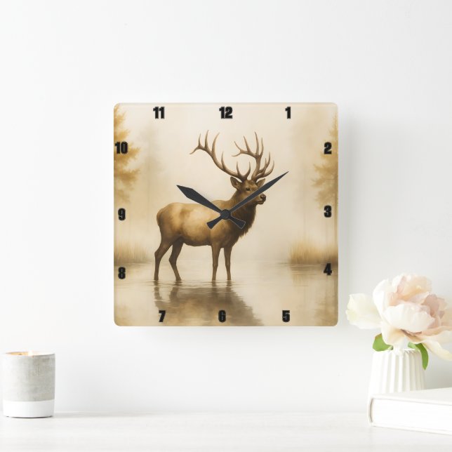 Horloge Carrée Regal Elk Impressionnant Antlers Eau Mistère (Maison)