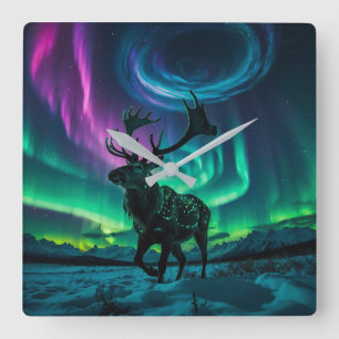 Horloge Carrée Reindeer et Northern Lights Wildlife Design