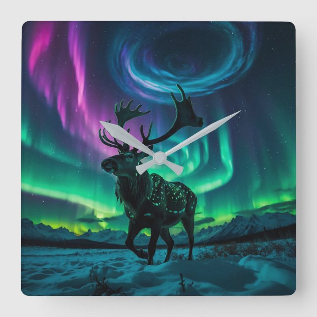 Horloge Carrée Reindeer et Northern Lights Wildlife Design (Recto)