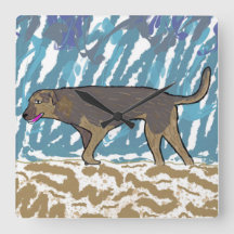 Reloj de pared cuadrado con diseño perro caminando