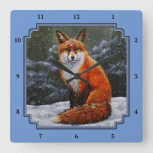 Horloge Carrée Renard rouge mignon en neige hivernale