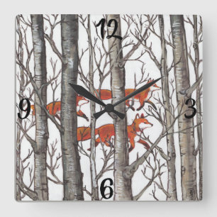 Horloge Carrée Renard rouge renards renards gris Forêt d'hiver H