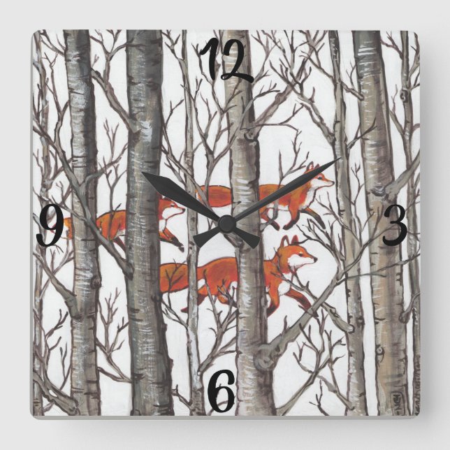 Horloge Carrée Renard rouge renards renards gris Forêt d'hiver Ho (Recto)