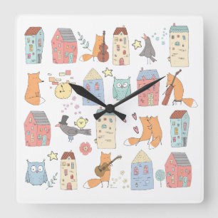 Horloge Carrée Renards/hiboux/maisons/enfants/nurserie blancs mig