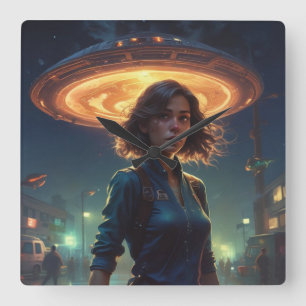 Horloge Carrée Rencontre de l'OVNI Alien par une fille en ville