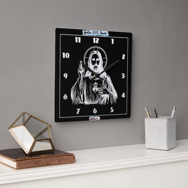 Horloge Carrée Représentation dorée de Jésus dans l'art religieux (Bureau)