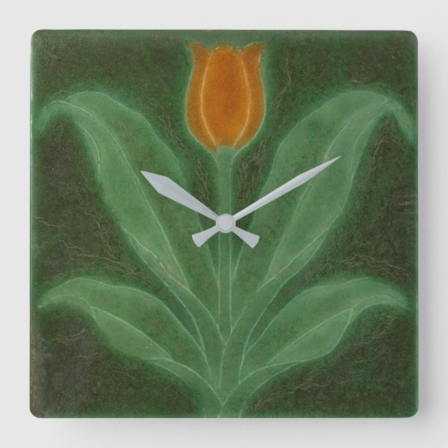 Horloge Carrée Reproduction Art Nouveau Tulipe orange sur vert (Recto)