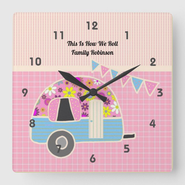 Horloge Carrée Rétro Campervan Pink Blue Hipster Shabby Chic (Recto)