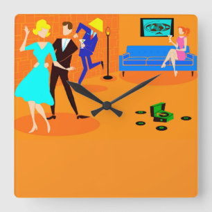 Horloge Carrée Rétro Cartoon Cocktail Party Clock