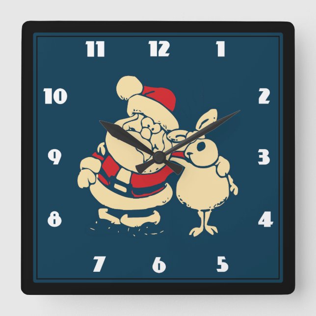 Horloge Carrée Retro Christmas Père Noël et son Reindeer Buddy (Recto)