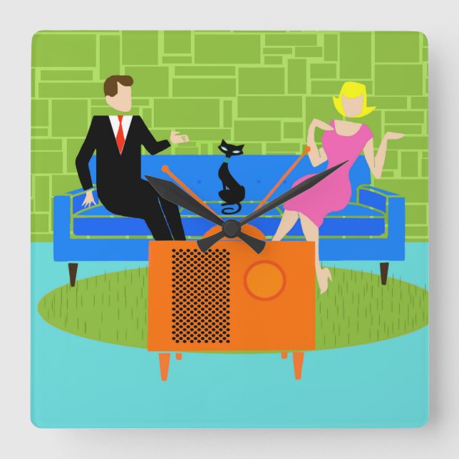 Horloge Carrée Rétro couple Cat Acrylic Wall Clock (Recto)