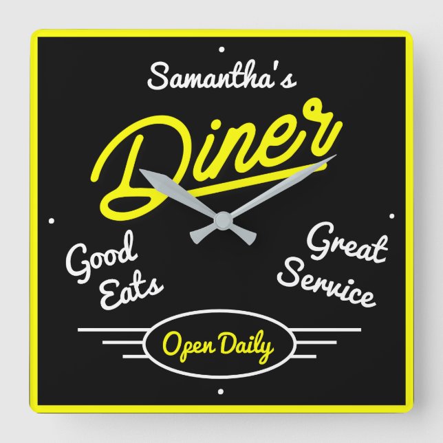 Horloge Carrée Retro Diner Cinquante Jaune Neon Effet N'importe q (Recto)