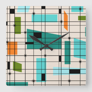 Horloge Carrée Retro Grid & Starbursts Acrylic Wall Clock