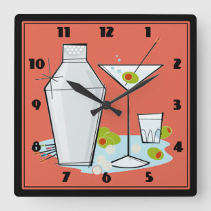 Horloge Carrée Retro Martini Cocktail Time Salmon