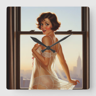 Horloge Carrée Retro Old School Pin-up Girl