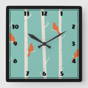 Horloge Carrée Rétro Orange Birds on Birch Trees
