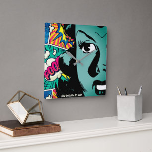 Horloge Carrée Retro Pop Art Cartoon Girl - Devis personnalisable
