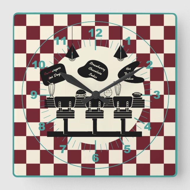 Horloge Carrée Retro Soda Fountain Shop Turquoise Rouge (Recto)