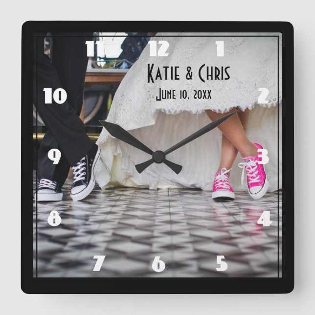 Horloge Carrée Retro Style Mariage Couple (Recto)