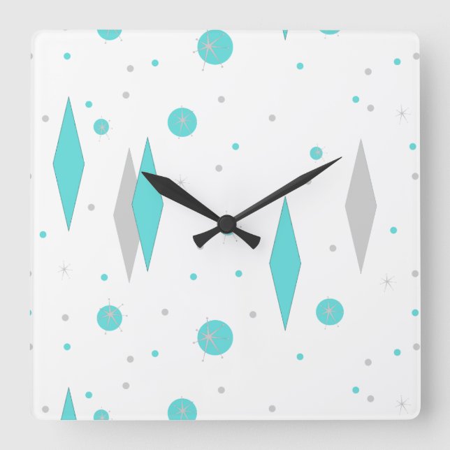 Horloge Carrée Retro Turquoise Diamond et Starburst Wall Clock (Recto)