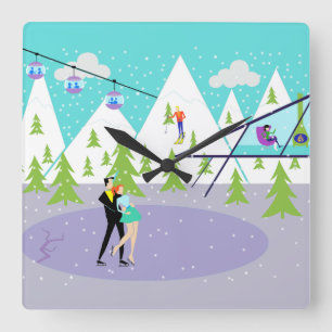 Horloge Carrée Retro Winter Ski Resort Wall Clock