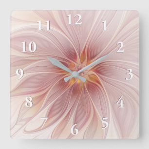 Horloge Carrée Rêve floral rose tendre Art fractal abstrait Fleur