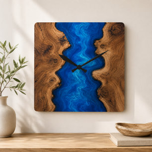 Horloge Carrée Rivière Bleue Résine Aspect Bois Faux