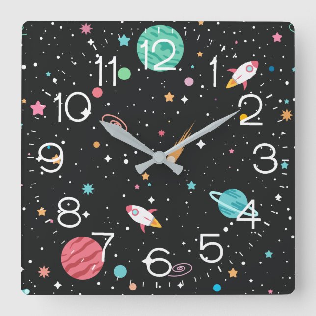 Horloge Carrée Rockets And Planets Square Wall Clock (Recto)