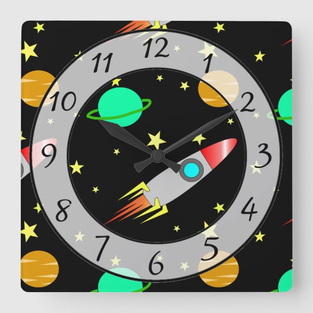 Horloge Carrée Rockets, Stars and Planets Galaxy Outer Space (Recto)