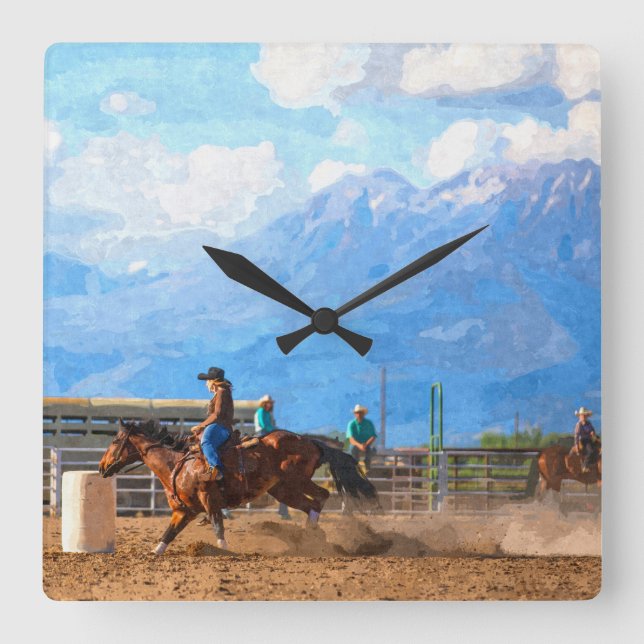 Horloge Carrée Rodéo féminine Barrel Racing Rustique Western (Recto)