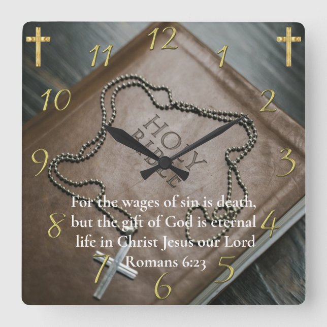 Horloge Carrée Romains 6:23 Sainte Bible avec croix d'argent dess (Recto)