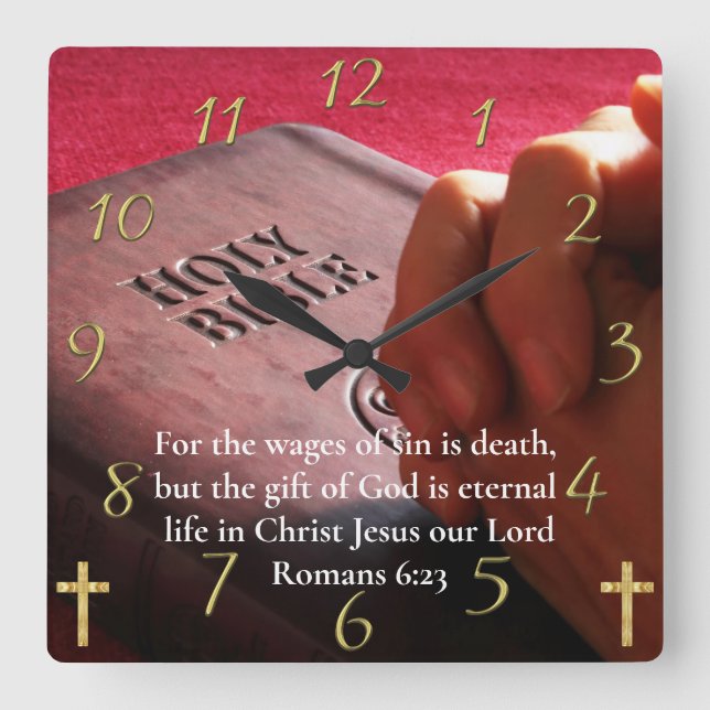 Horloge Carrée Romains 6:23 sainte bible avec les mains (Recto)
