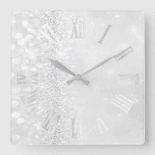 Horloge Carrée Roman Numbers Silver Gray Grey Glitter Glam