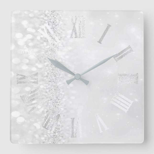 Horloge Carrée Roman Numbers Silver Gray Grey Glitter Glam (Recto)