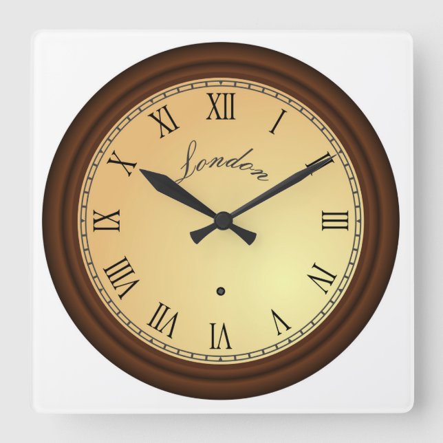 Horloge Carrée Roman Numeral Simulé Bois Frame Londres (Recto)