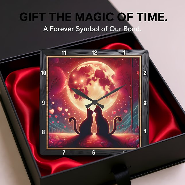 Horloge Carrée Romantic Cat Silhouette Full Moon (Créateur téléchargé)