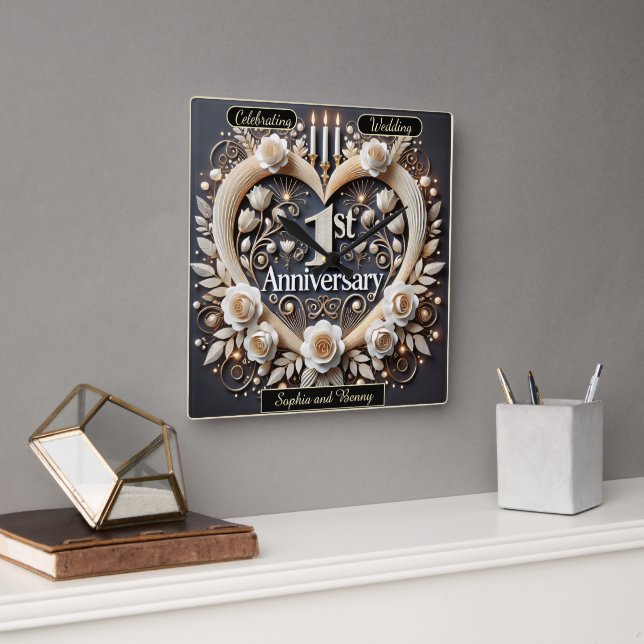 Horloge Carrée Romantique 1er anniversaire Papier Coeur (Bureau)