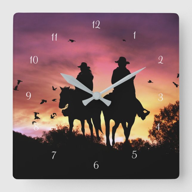 Horloge Carrée Romantique Cowboy et Cowgirl (Recto)