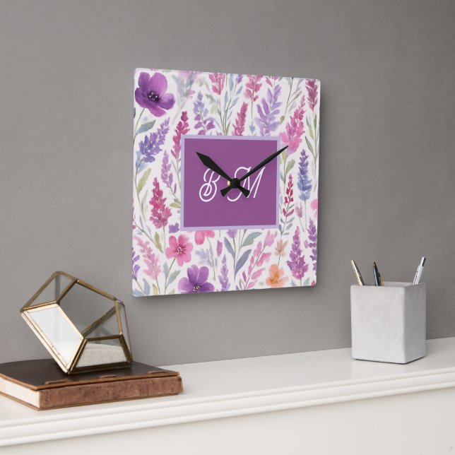 Horloge Carrée Romantique lila rose pastel Botanique prés de prin (Bureau)