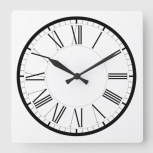 Horloge Carrée Römische Ziffern rund schwarz weiss klassische