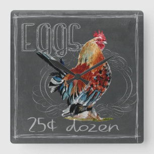 Horloge Carrée Rooster Eggs On Chalkboard