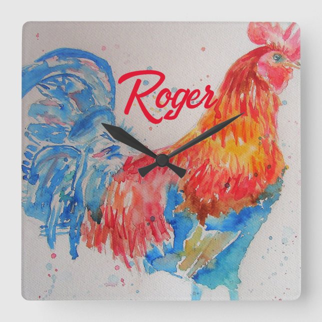 Horloge Carrée Rooster rouge aquarelle peinture art poulet (Recto)