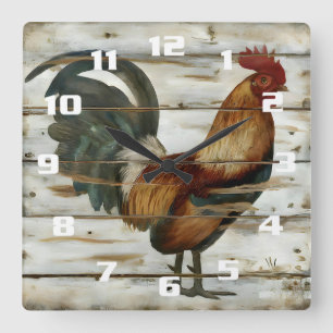 Horloge Carrée Rooster rustique et ferme sur bois patiné