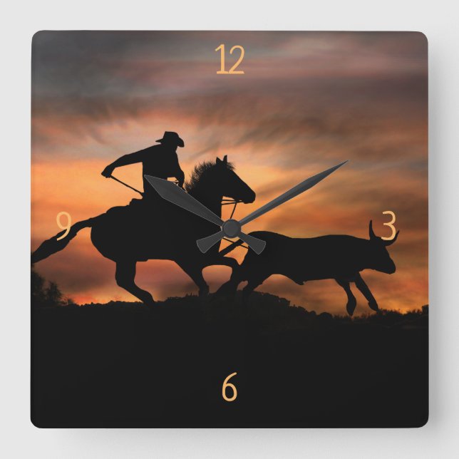 Horloge Carrée Roping Cowboy Horse and Steer Country Western (Recto)