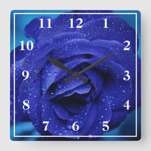 Horloge Carrée Rose bleu avec gouttes de Dew (Recto)